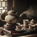 Traditional Chinese tea setup including a beautifully crafted porcelain teapot and teacups