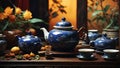 Traditional Chinese tea setup including a beautifully crafted porcelain teapot and teacups