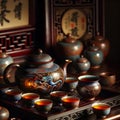 Traditional Chinese tea setup including a beautifully crafted porcelain teapot and teacups