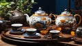 Traditional Chinese tea setup including a beautifully crafted porcelain teapot and teacups