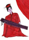 Traditional Chinese Woman with Plucked Instrument Guzheng