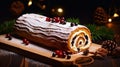 Traditional chocolate trunk cake or log cake on table with Christmas decorations. Generative AI Royalty Free Stock Photo