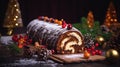 Traditional chocolate trunk cake or log cake on table with Christmas decorations. Generative AI Royalty Free Stock Photo