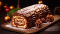 Traditional chocolate trunk cake or log cake on table with Christmas decorations. Generative AI Royalty Free Stock Photo