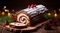 Traditional chocolate trunk cake or log cake on table with Christmas decorations. Generative AI Royalty Free Stock Photo