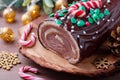 Traditional chocolate trunk cake or log cake on table with Christmas decorations Royalty Free Stock Photo