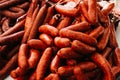 Traditional chorizo sausage in market in Spain