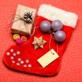 Traditional christmas attribute. Christmas stocking sock shaped bag. Keep family traditions. Stocking stuffers idea