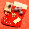 Traditional christmas attribute. Christmas stocking sock shaped bag. Keep family traditions. Stocking stuffers idea