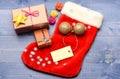Traditional christmas attribute. Christmas stocking sock shaped bag. Keep family traditions. Stocking stuffers idea