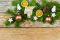 Traditional Christmas background with gift and ornamets on fir branch Royalty Free Stock Photo