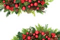 Traditional Christmas Border with Baubles and Winter Flora Royalty Free Stock Photo