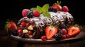 A traditional Christmas cake with chocolate, cream and berries.