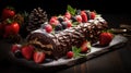 A traditional Christmas cake with chocolate, cream and berries.