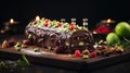 A traditional Christmas cake with dark chocolate, pistachios and berries.