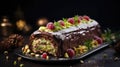 A traditional Christmas cake with dark chocolate, pistachios and berries.