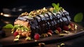 A traditional Christmas cake with dark chocolate, pistachios and berries.