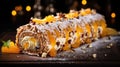 A traditional Christmas cake with orange colored fruits and white cream