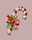 traditional Christmas candy cane in red and white stripes on a pink background. holiday christmas card. winter holiday food, happy Royalty Free Stock Photo