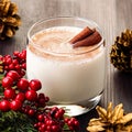 Traditional Christmas cocktail Eggnog with eggs, alcohol, grated nutmeg and cinnamon closeup. Sweet traditional drink for Royalty Free Stock Photo