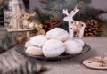 Traditional Christmas cookies biscuits snowballs covered icing sugar povder with almond nut, nutella chocolate an raspberry jam.