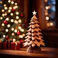 Traditional christmas decoration hand carved wooden christmas tree, holiday ornament Royalty Free Stock Photo
