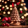 Traditional christmas decoration hand carved wooden christmas tree, holiday ornament Royalty Free Stock Photo