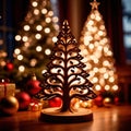 Traditional christmas decoration hand carved wooden christmas tree, holiday ornament
