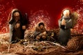 Traditional Christmas decoration. Nativity scene. Red background with lights Royalty Free Stock Photo