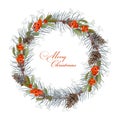 Traditional Christmas decoration New Year`s wreath of spruce branches with cones, mistletoe branches and dried flowers in a waterc