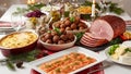 Traditional Christmas Dinner Feast with Glazed Ham and Holiday Dishes Royalty Free Stock Photo