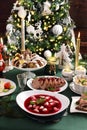 Traditional Christmas Eve dishes on festive table Royalty Free Stock Photo