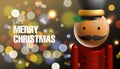 Traditional Christmas holiday nutcracker figurine with Xmas tree bokeh lights background. Vector illustration