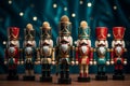 Traditional Christmas holiday wooden nutcrackers, toy soldiers. Generative AI