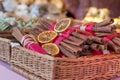 Traditional christmas market decoration, basket full of whole cinnamon
