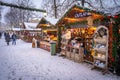 Oslo, Norway - Traditional Christmas market with falling snow