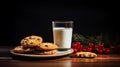 traditional christmas milk in glass, jug with cookies on Christmas lights background. A gift for Santa Claus. Waiting