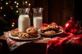 traditional christmas milk in glass, jug with cookies on Christmas lights background. A gift for Santa Claus. Waiting