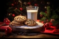 traditional christmas milk in glass, jug with cookies on Christmas lights background. A gift for Santa Claus. Waiting Royalty Free Stock Photo