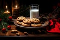 traditional christmas milk in glass, jug with cookies on Christmas lights background. A gift for Santa Claus. Waiting