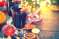Traditional Christmas mulled wine hot drink. Holiday Christmas table Royalty Free Stock Photo