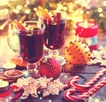 Traditional Christmas mulled wine hot drink. Holiday Christmas table Royalty Free Stock Photo