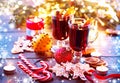 Traditional Christmas mulled wine hot drink. Holiday Christmas table Royalty Free Stock Photo