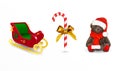 Traditional Christmas New Year set. Realistic 3D santa claus golden sleigh, candy cane with baw, cute children's toy