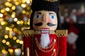 Christmas nutcracker wooden figure, toy soldier decoration with tree lights bokeh. Royalty Free Stock Photo