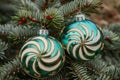 Traditional christmas ornaments and candy decorations hanging on lush green fir tree Royalty Free Stock Photo