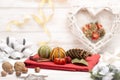 Traditional Christmas Ornaments or Decoration on Wooden Background