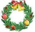 Watercolor Christmas wreath frame isolated on the white background. Green, decoration Royalty Free Stock Photo