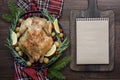 Traditional Christmas roasted turkey with spices and rosemary on wooden table. Blank for recipe