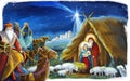 traditional christmas scene with holy family and three kings for different usage - illustration for children Royalty Free Stock Photo